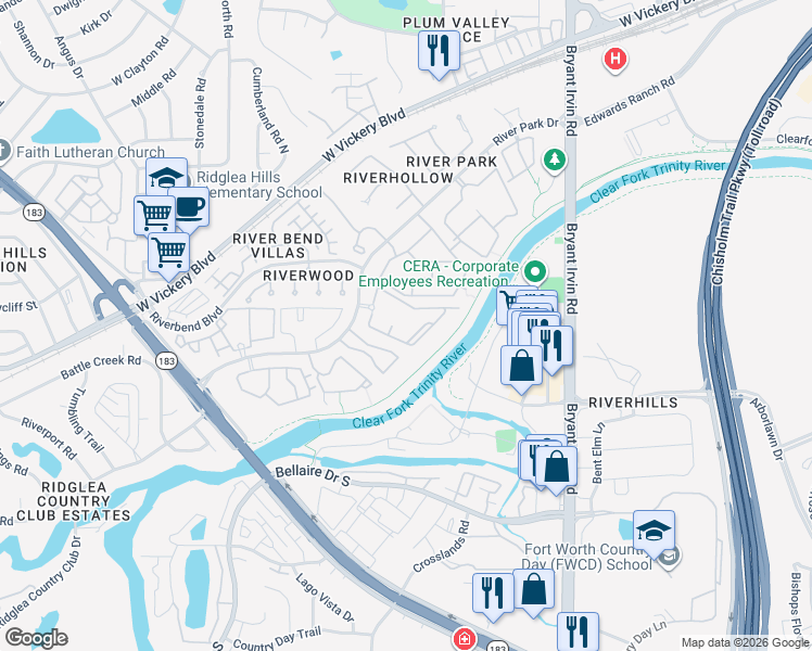map of restaurants, bars, coffee shops, grocery stores, and more near 3101 River Park Drive in Fort Worth