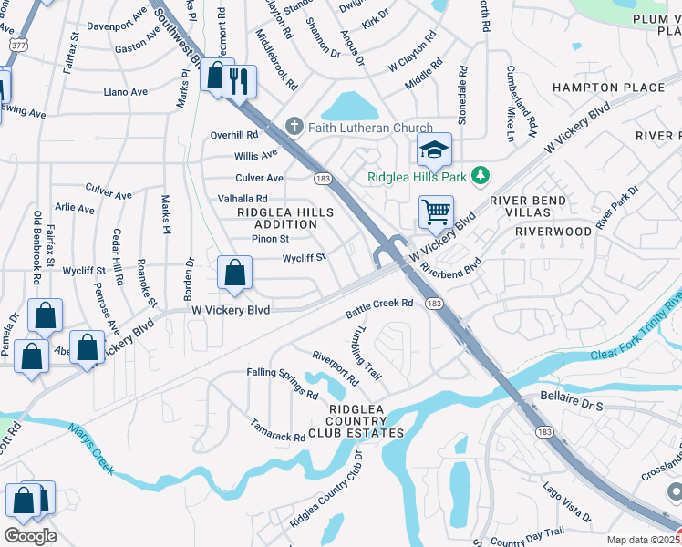 map of restaurants, bars, coffee shops, grocery stores, and more near 6820 Treehaven Road in Fort Worth