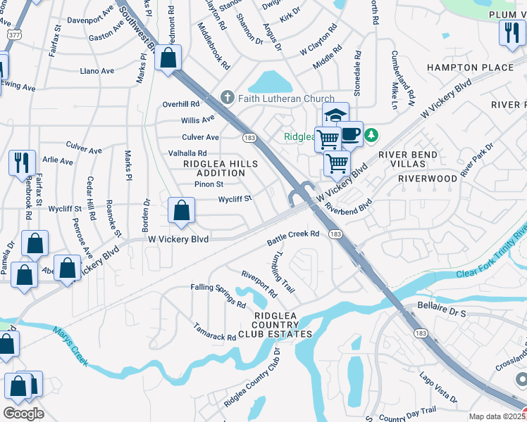 map of restaurants, bars, coffee shops, grocery stores, and more near 6820 Treehaven Road in Fort Worth