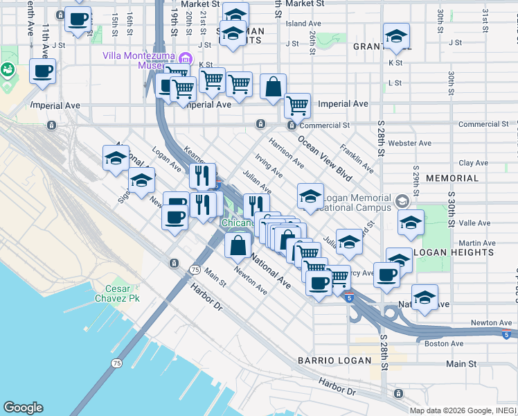 map of restaurants, bars, coffee shops, grocery stores, and more near Kearney Avenue in San Diego