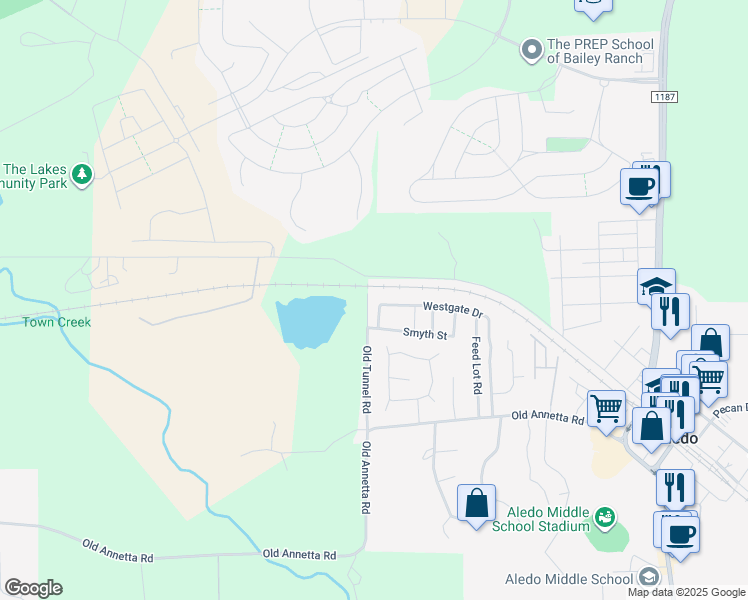 map of restaurants, bars, coffee shops, grocery stores, and more near 724 Westgate Drive in Aledo