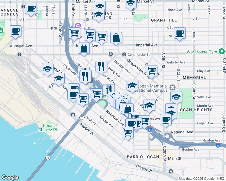 map of restaurants, bars, coffee shops, grocery stores, and more near Kearney Avenue in San Diego