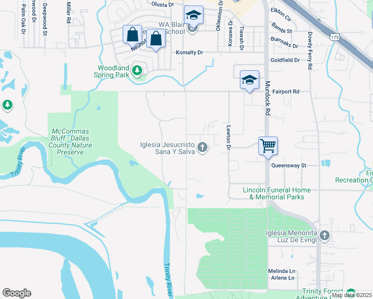 map of restaurants, bars, coffee shops, grocery stores, and more near Riverwood Road in Dallas