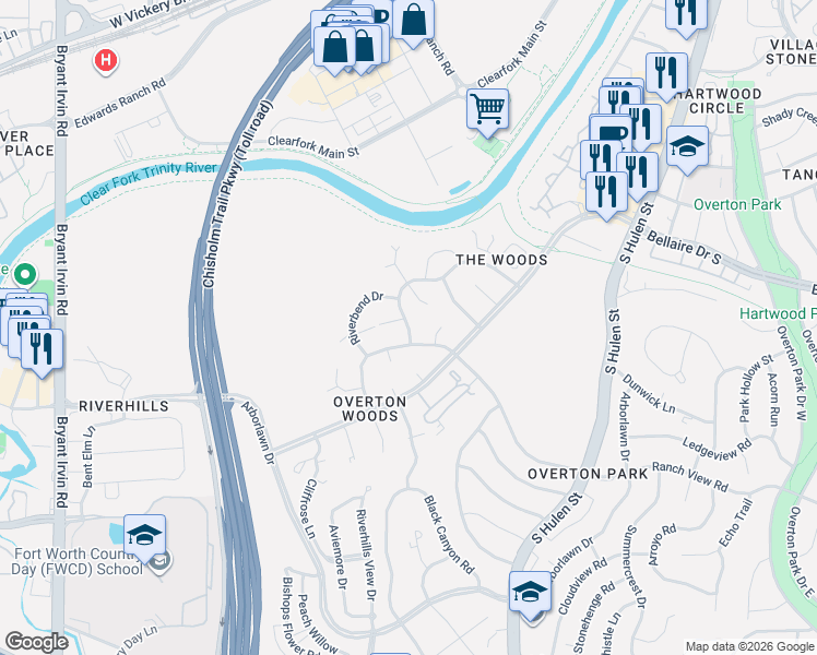 map of restaurants, bars, coffee shops, grocery stores, and more near 4821 Overton Woods Drive in Fort Worth