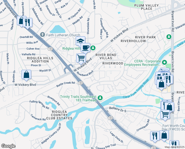 map of restaurants, bars, coffee shops, grocery stores, and more near 3441 Riverstone Circle North in Fort Worth