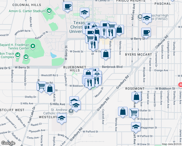 map of restaurants, bars, coffee shops, grocery stores, and more near 3322 South University Drive in Fort Worth