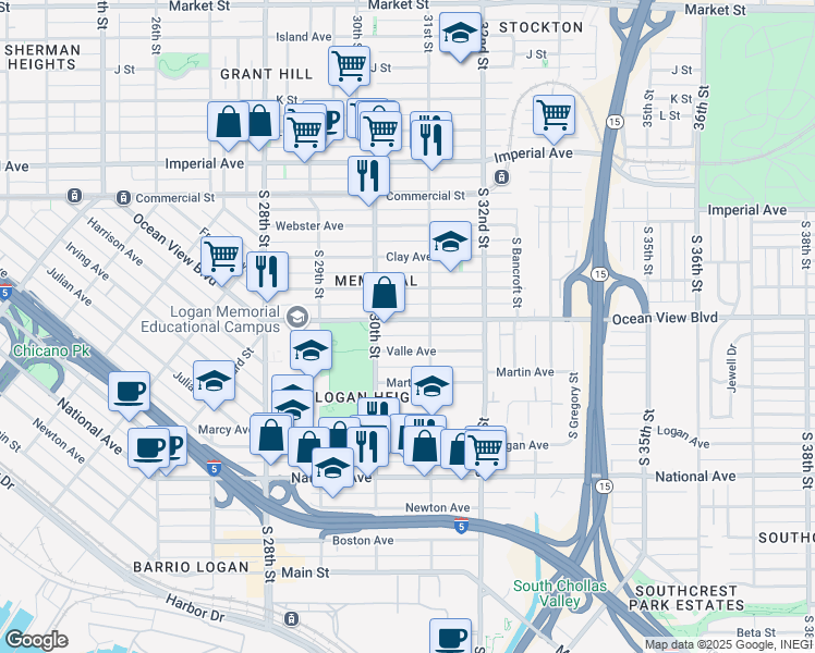 map of restaurants, bars, coffee shops, grocery stores, and more near 3057 Ocean View Boulevard in San Diego