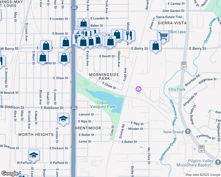 map of restaurants, bars, coffee shops, grocery stores, and more near 1101 East Shaw Street in Fort Worth
