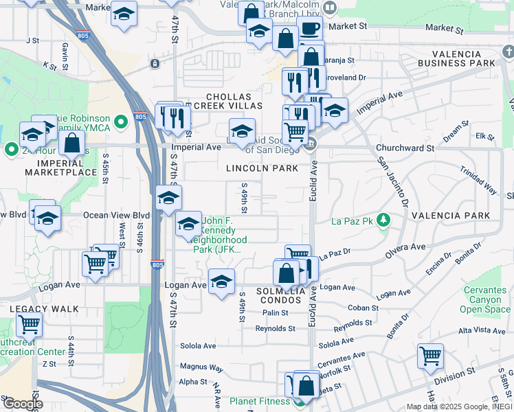 map of restaurants, bars, coffee shops, grocery stores, and more near 430 South Willie James Jones Avenue in San Diego