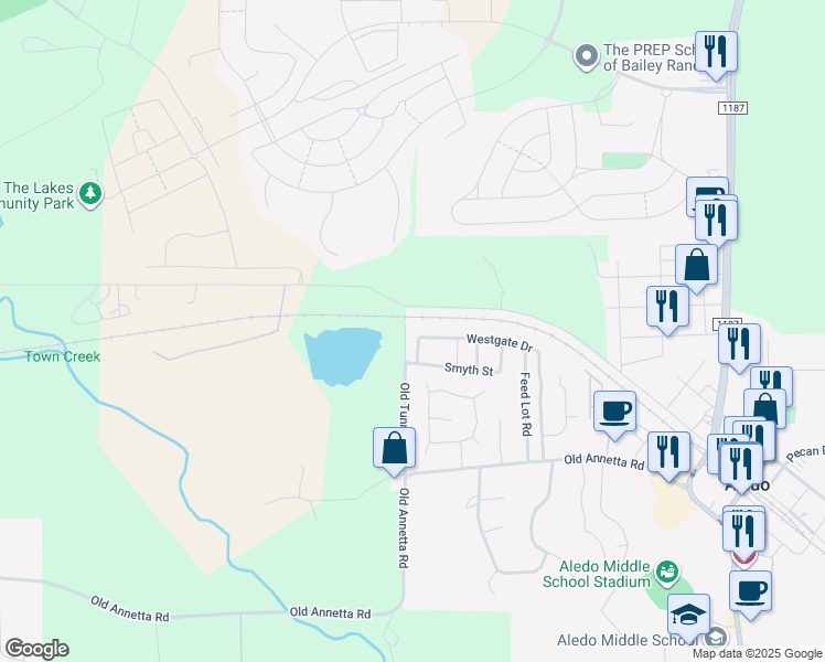 map of restaurants, bars, coffee shops, grocery stores, and more near 724 Westgate Drive in Aledo