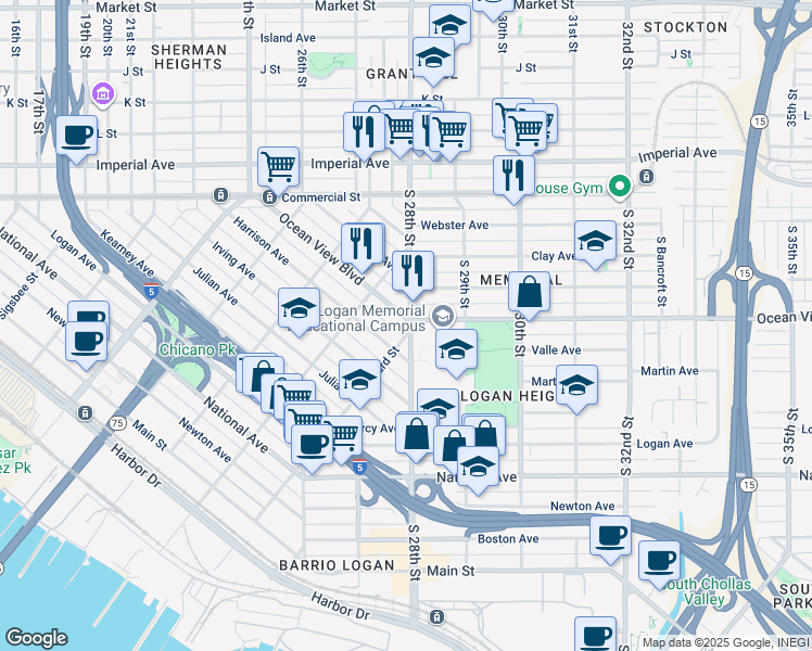 map of restaurants, bars, coffee shops, grocery stores, and more near 2283 Ocean View Boulevard in San Diego