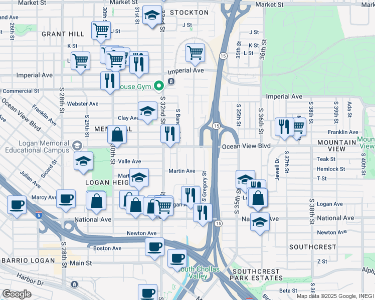 map of restaurants, bars, coffee shops, grocery stores, and more near 3296 Ocean View Boulevard in San Diego