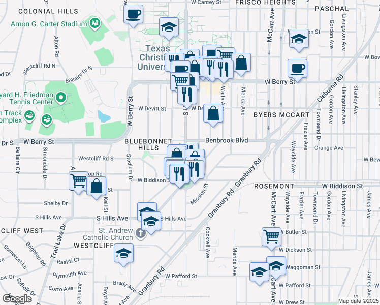 map of restaurants, bars, coffee shops, grocery stores, and more near 3321 South University Drive in Fort Worth