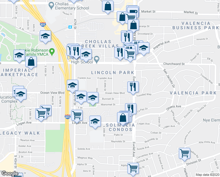 map of restaurants, bars, coffee shops, grocery stores, and more near 348 South Willie James Jones Avenue in San Diego