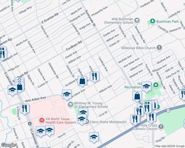 map of restaurants, bars, coffee shops, grocery stores, and more near 4308 Aztec Drive in Dallas