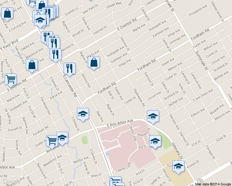 map of restaurants, bars, coffee shops, grocery stores, and more near 2034 Fordham Road in Dallas