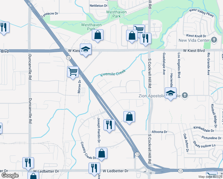 map of restaurants, bars, coffee shops, grocery stores, and more near 3500 South Walton Walker Boulevard in Dallas