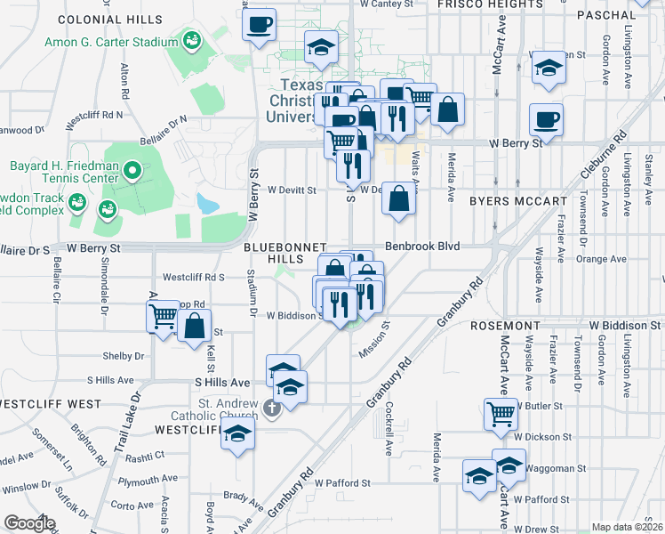 map of restaurants, bars, coffee shops, grocery stores, and more near 3304 Rogers Avenue in Fort Worth