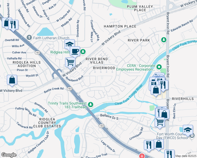 map of restaurants, bars, coffee shops, grocery stores, and more near 3425 Riveroad Court in Fort Worth