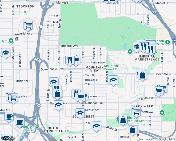 map of restaurants, bars, coffee shops, grocery stores, and more near 3845 Ocean View Boulevard in San Diego