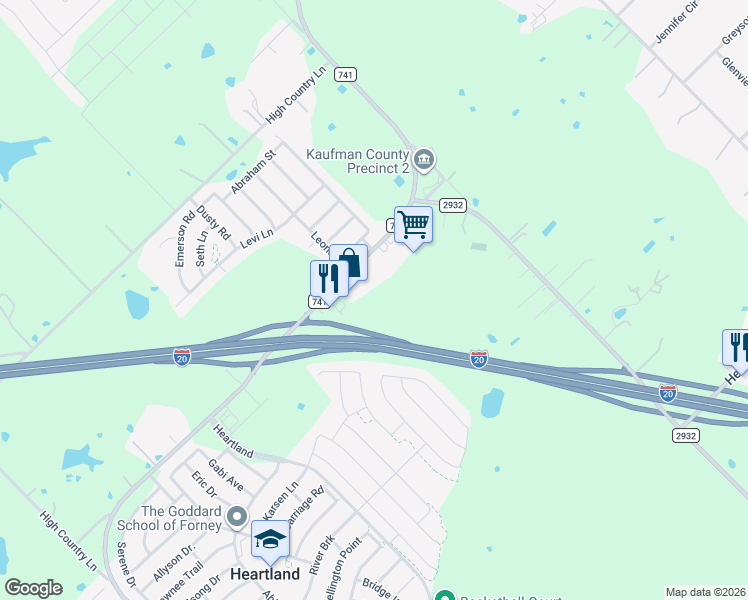 map of restaurants, bars, coffee shops, grocery stores, and more near 7112 Farm to Market Road 741 in Forney