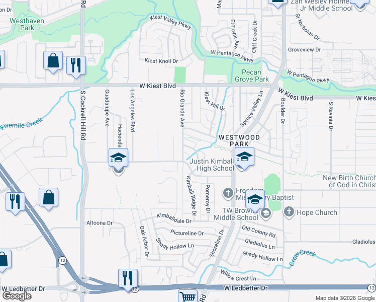 map of restaurants, bars, coffee shops, grocery stores, and more near 3516 Rio Grande Circle in Dallas