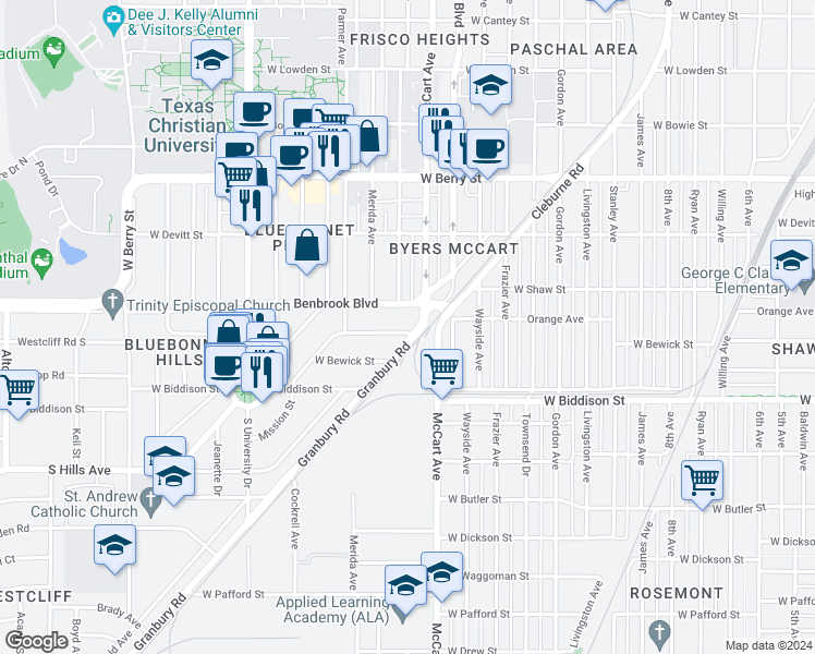 map of restaurants, bars, coffee shops, grocery stores, and more near 2504 Mission Street in Fort Worth