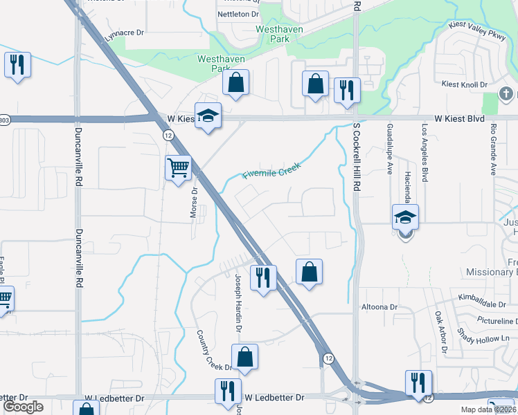 map of restaurants, bars, coffee shops, grocery stores, and more near 3500 South Walton Walker Boulevard in Dallas