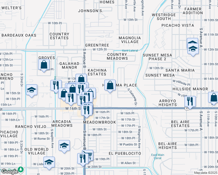 map of restaurants, bars, coffee shops, grocery stores, and more near in Yuma