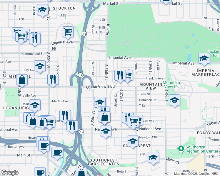 map of restaurants, bars, coffee shops, grocery stores, and more near 3615 Ocean View Boulevard in San Diego