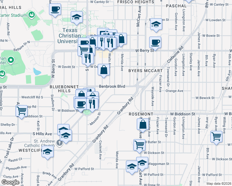 map of restaurants, bars, coffee shops, grocery stores, and more near 2712 Mission Street in Fort Worth
