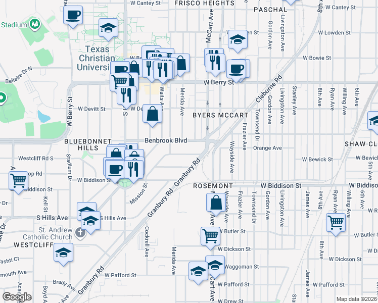 map of restaurants, bars, coffee shops, grocery stores, and more near 2608 Mission Street in Fort Worth