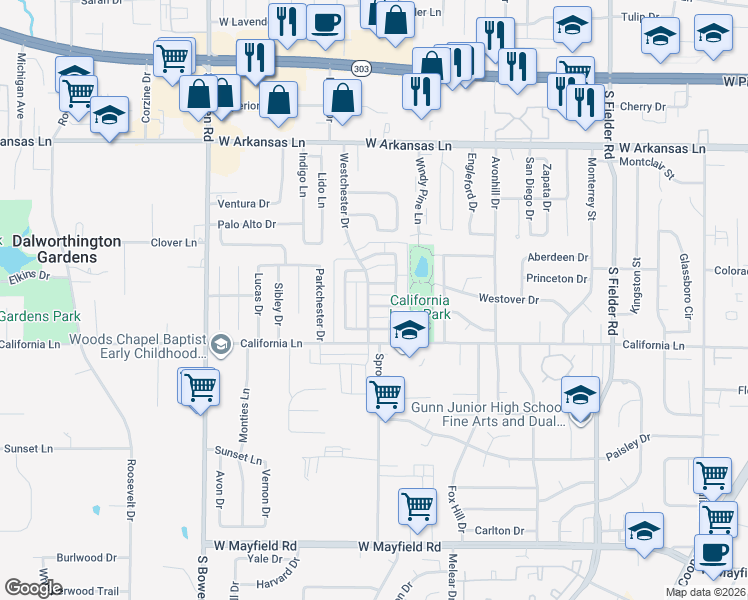 map of restaurants, bars, coffee shops, grocery stores, and more near 2012 Westbain Drive in Arlington