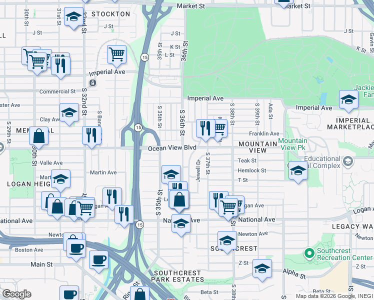 map of restaurants, bars, coffee shops, grocery stores, and more near 3584 Ocean View Boulevard in San Diego