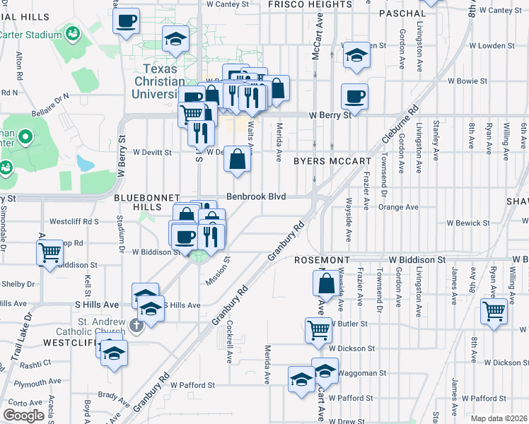 map of restaurants, bars, coffee shops, grocery stores, and more near 2712 Mission Street in Fort Worth