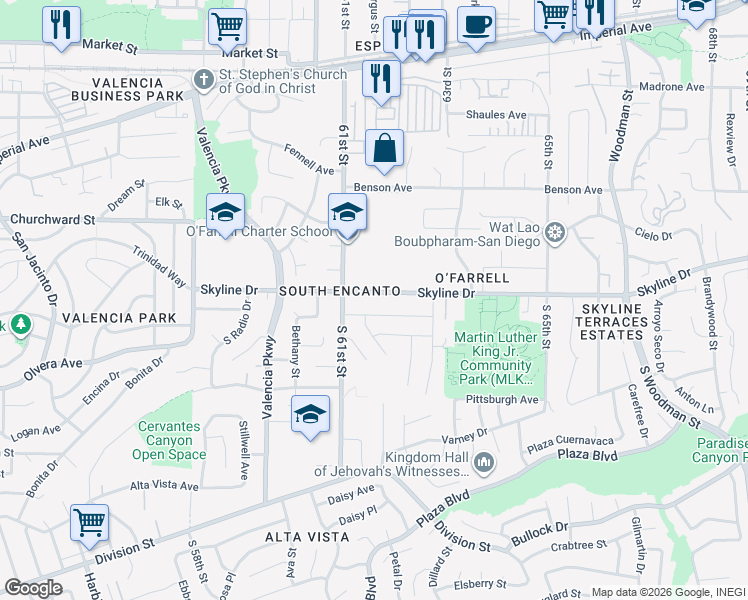 map of restaurants, bars, coffee shops, grocery stores, and more near 6119 Skyline Drive in San Diego