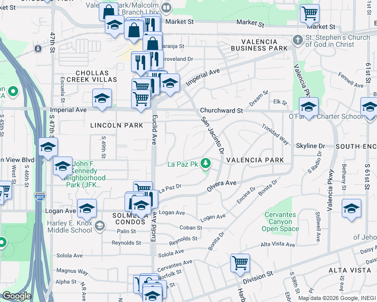 map of restaurants, bars, coffee shops, grocery stores, and more near 348 Agua Vista Way in San Diego