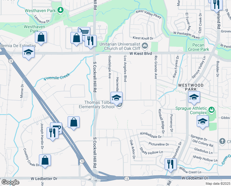 map of restaurants, bars, coffee shops, grocery stores, and more near 3514 Hacienda Drive in Dallas