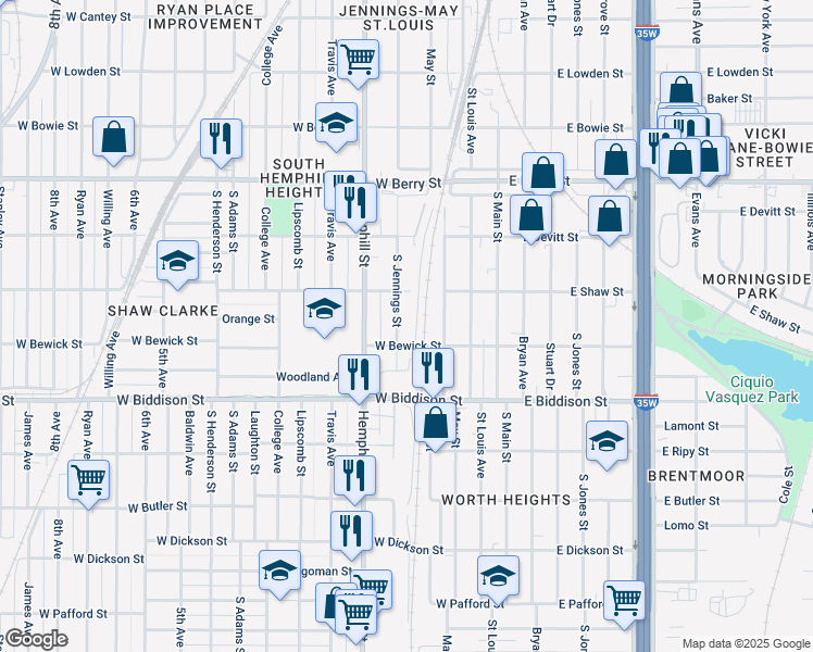map of restaurants, bars, coffee shops, grocery stores, and more near 3318 South Jennings Avenue in Fort Worth