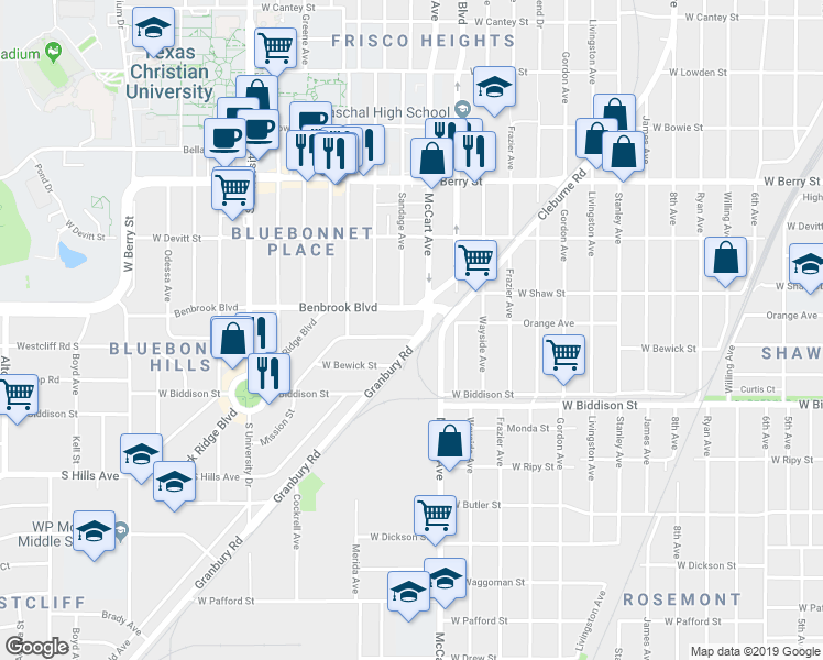 map of restaurants, bars, coffee shops, grocery stores, and more near 2525 Benbrook Boulevard in Fort Worth