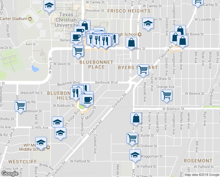 map of restaurants, bars, coffee shops, grocery stores, and more near 2709 Benbrook Boulevard in Fort Worth
