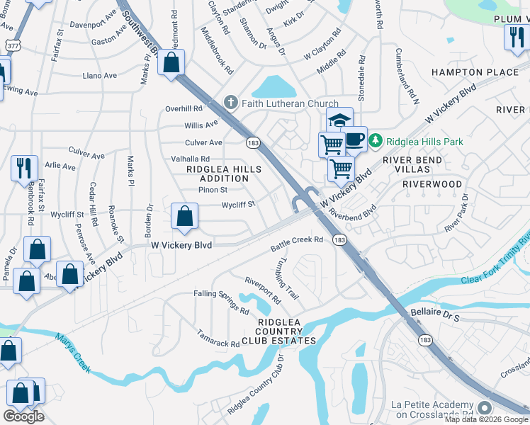 map of restaurants, bars, coffee shops, grocery stores, and more near 6820 Treehaven Road in Fort Worth