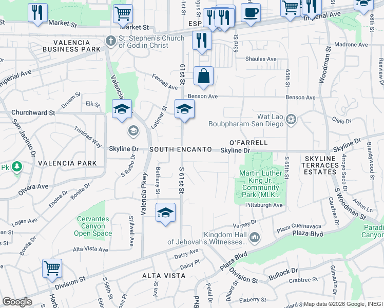 map of restaurants, bars, coffee shops, grocery stores, and more near 6119 Skyline Drive in San Diego