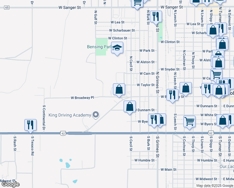map of restaurants, bars, coffee shops, grocery stores, and more near 1222 West Broadway Place in Hobbs