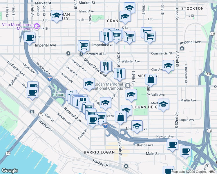 map of restaurants, bars, coffee shops, grocery stores, and more near 2230 Harrison Avenue in San Diego