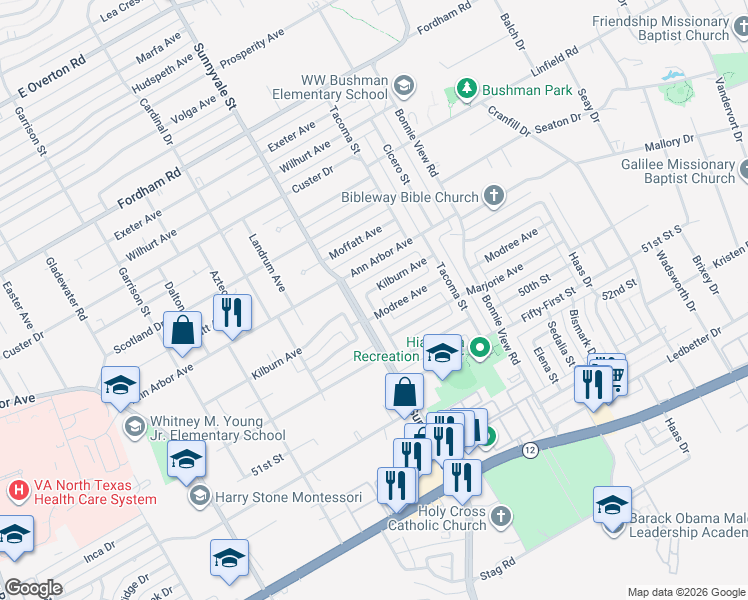 map of restaurants, bars, coffee shops, grocery stores, and more near 4534 Colwick Drive in Dallas