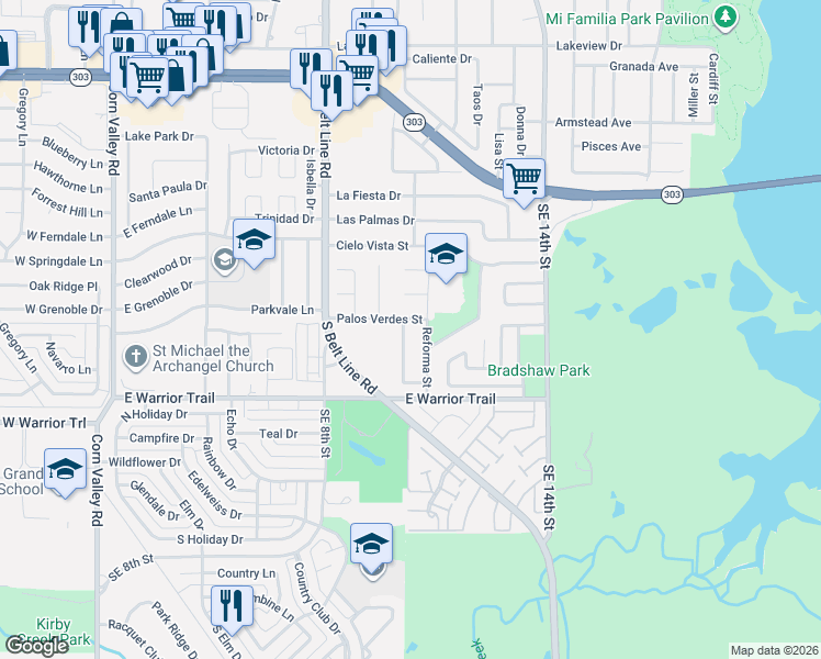 map of restaurants, bars, coffee shops, grocery stores, and more near 2901 Nueva Tierra Street in Grand Prairie