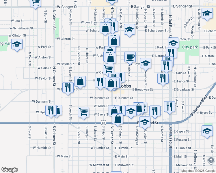 map of restaurants, bars, coffee shops, grocery stores, and more near 119 East Taylor Street in Hobbs