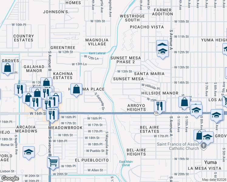 map of restaurants, bars, coffee shops, grocery stores, and more near 1643 West Las Lomas Street in Yuma