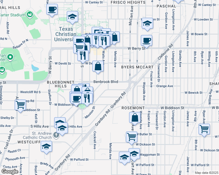 map of restaurants, bars, coffee shops, grocery stores, and more near 2709 Benbrook Boulevard in Fort Worth